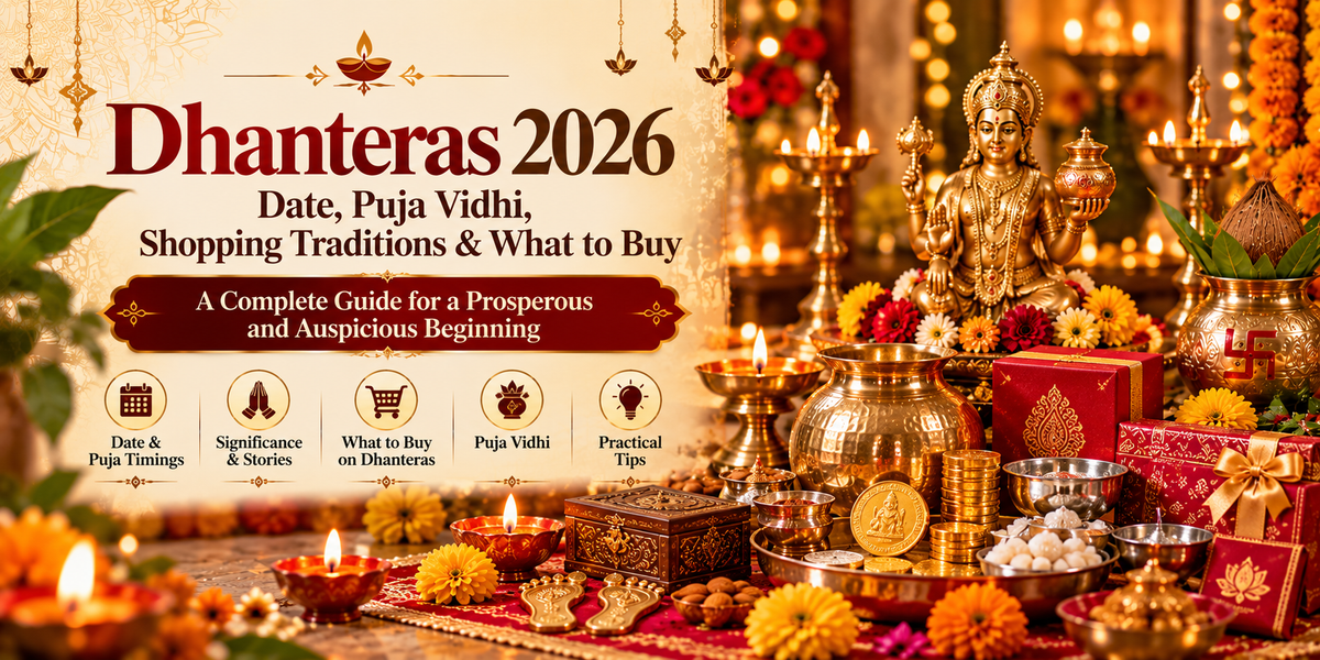 Dhanteras 2026 festive shopping scene featuring brass utensils, gold-coloured coins, traditional diyas, flowers and devotional decorations