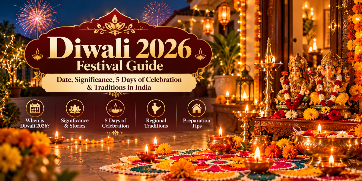 Diwali 2026 festival guide featuring glowing diyas, festive home decorations, rangoli and traditional Indian Diwali lights.