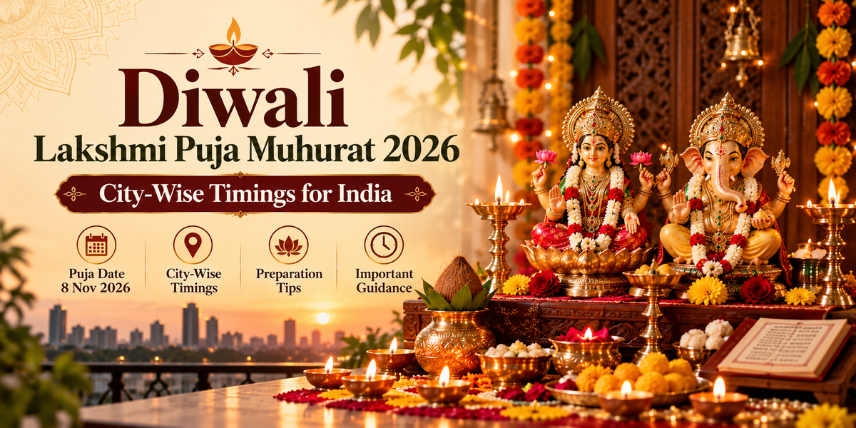 Diwali Lakshmi Puja Muhurat 2026 with Lakshmi and Ganesha idols, brass diyas and city-wise puja timing information.