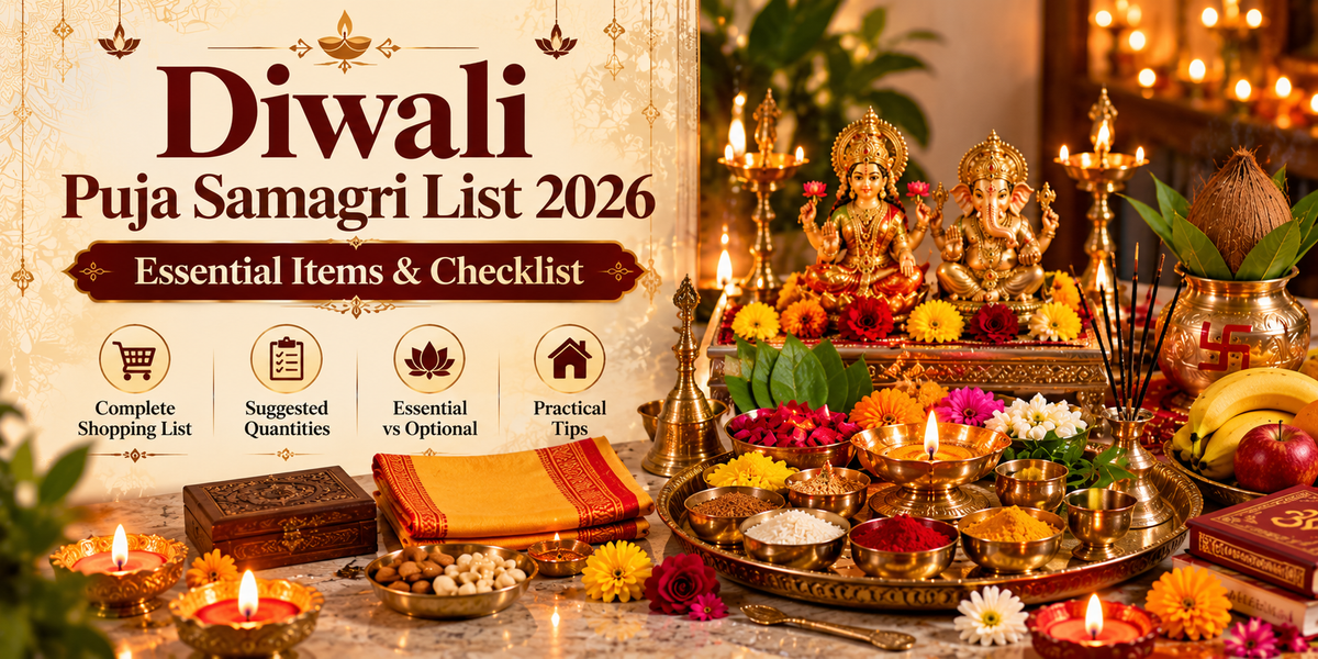 Diwali puja samagri checklist featuring a brass diya, flowers, kumkum, rice, incense, fruits and traditional puja items arranged for home worship.