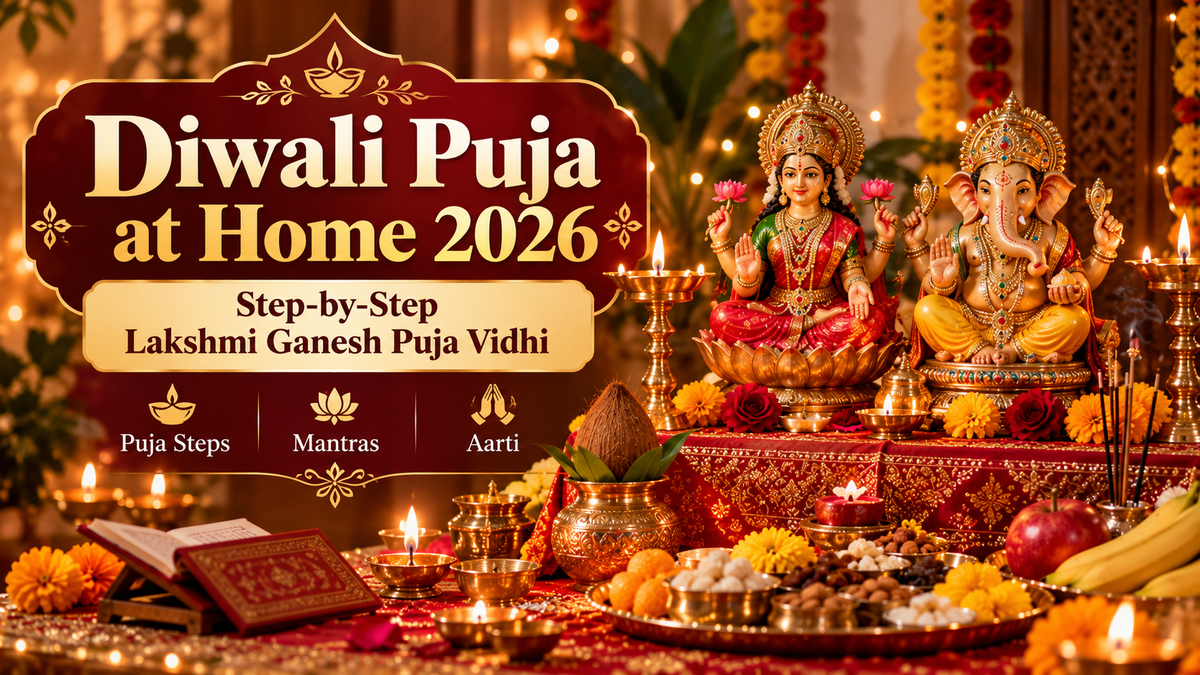 Diwali Lakshmi Ganesh puja setup at home with brass idols, diya, flowers and traditional offerings