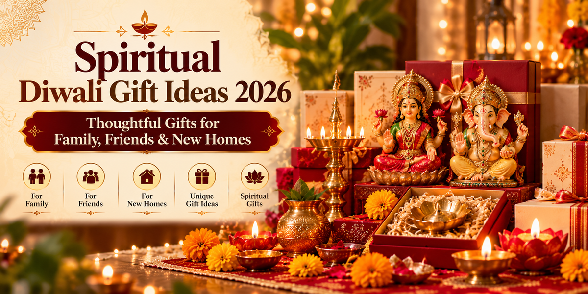 Spiritual Diwali gift ideas for 2026 featuring devotional Lakshmi Ganesh idols, festive gift boxes, traditional diyas and marigold flowers