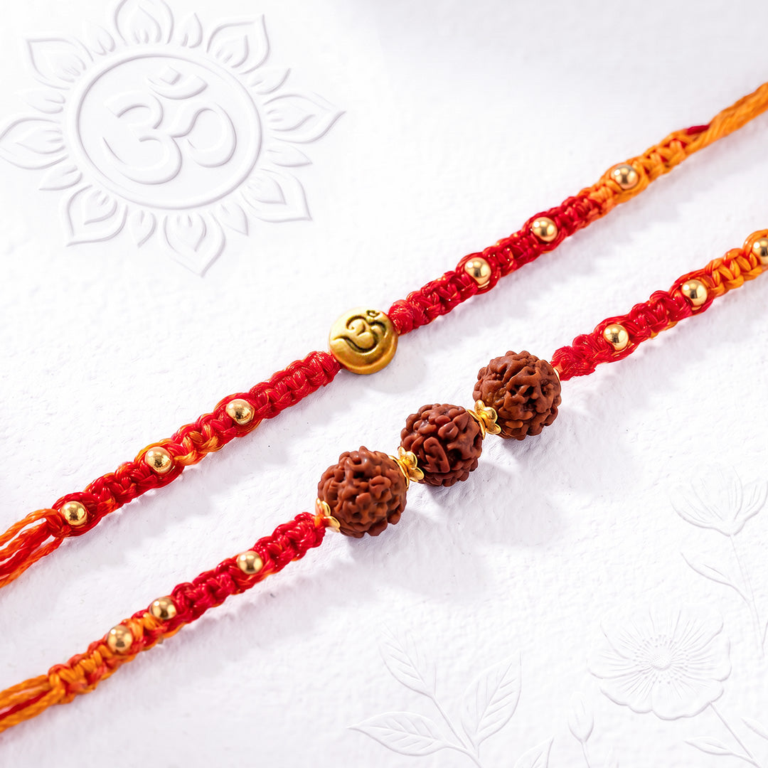 Om & Trinity Rudraksha Rakhi Set