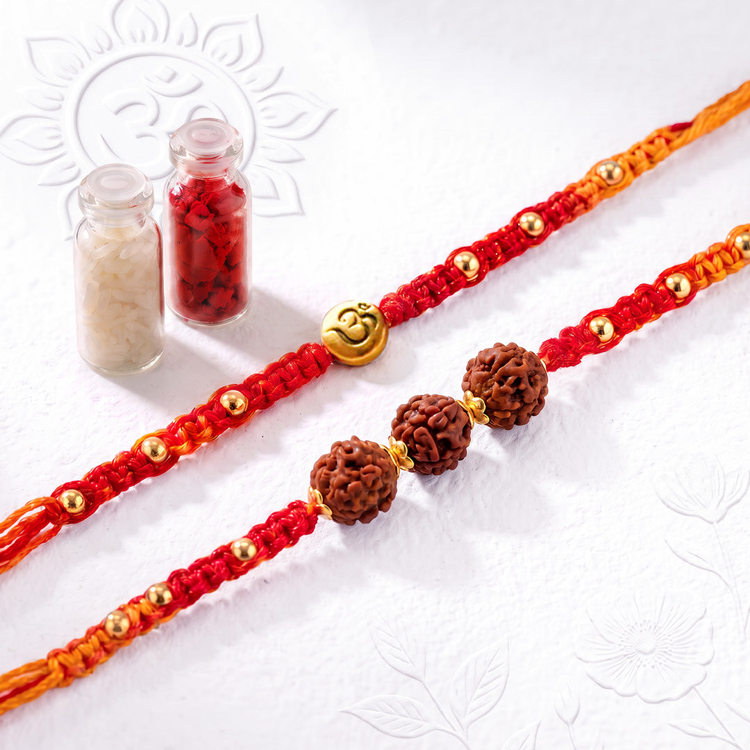 Om & Trinity Rudraksha Rakhi Set