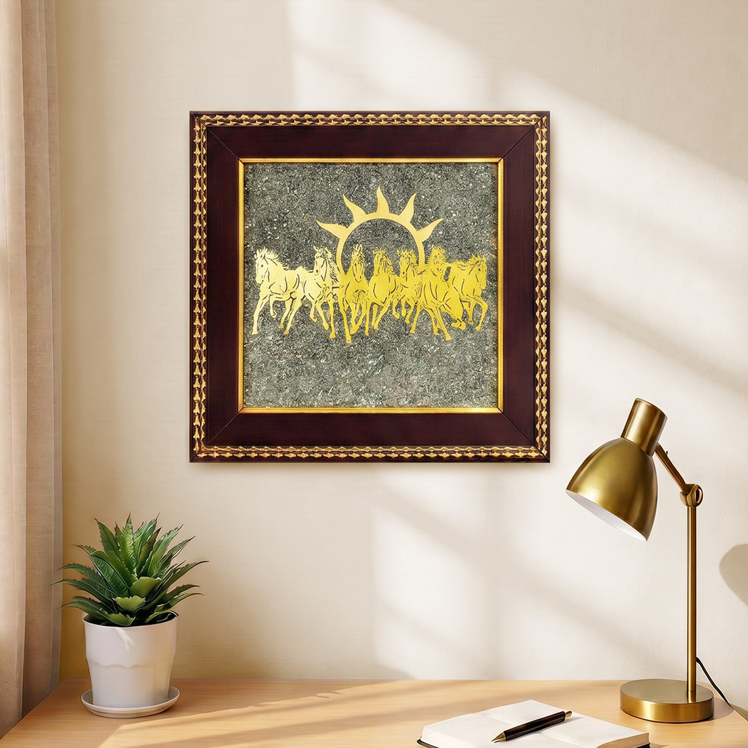 7 Horses on Raw Pyrite Frame – Symbol of Speed, Success & Prosperity