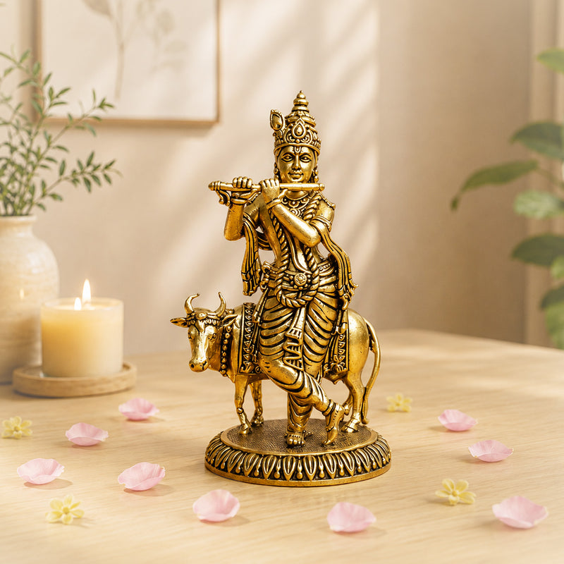 Flute-Playing Krishna with Cow
