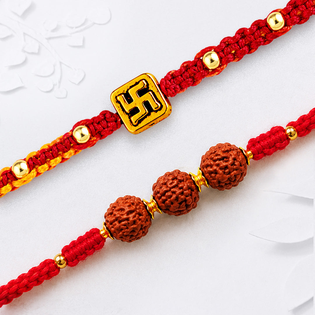 Swastik & Trinity Rudraksha Rakhi Set