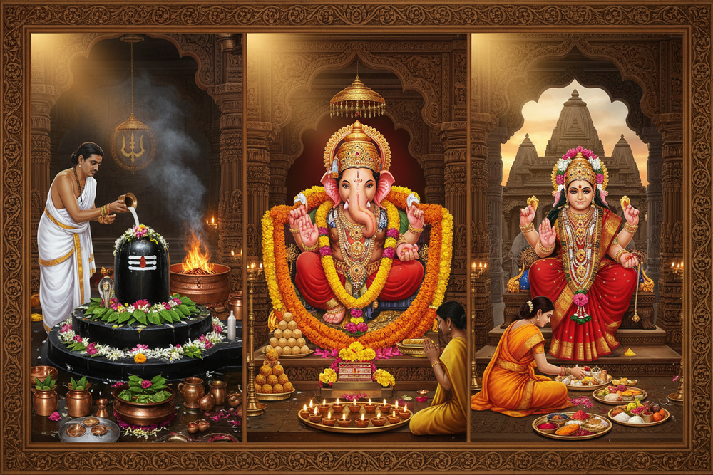 Rudrabhishek at Mrityunjay Mahadev Mandir, Vighnaharta Ganesh Puja at Bada Ganesh Mandir & Mangala Gauri Puja at Gauri Kedareshwar Mandir