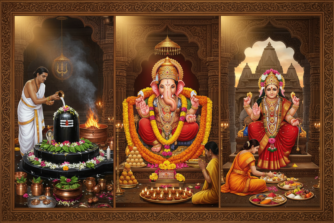 Rudrabhishek at Mrityunjay Mahadev Mandir, Vighnaharta Ganesh Puja at Bada Ganesh Mandir & Mangala Gauri Puja at Gauri Kedareshwar Mandir