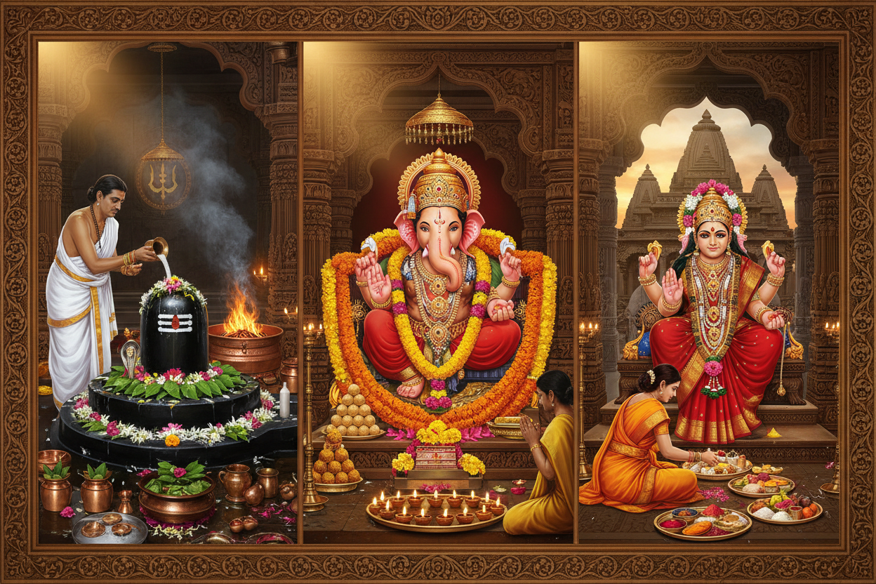 Rudrabhishek at Mrityunjay Mahadev Mandir, Vighnaharta Ganesh Puja at Bada Ganesh Mandir & Mangala Gauri Puja at Gauri Kedareshwar Mandir
